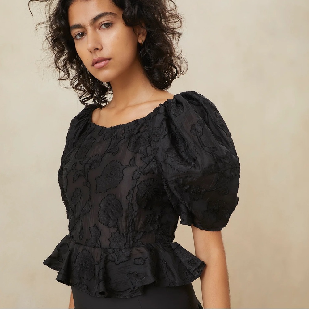 Loeffler Randall Marie Black Gathered Peplum Blouse